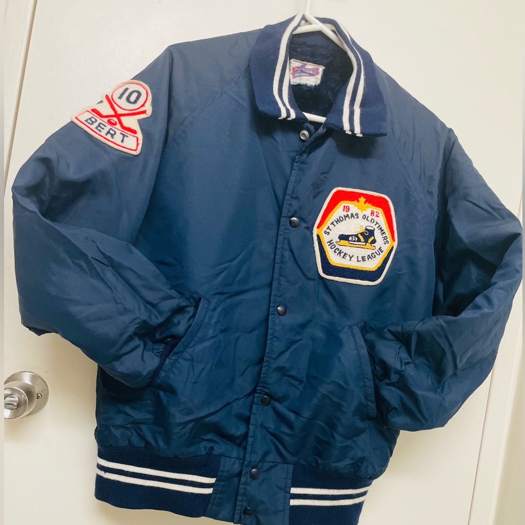 Vtg 1982 Arwil St Thomas Oldtimers Hockey League Jacket Bert #10 Navy Bomber